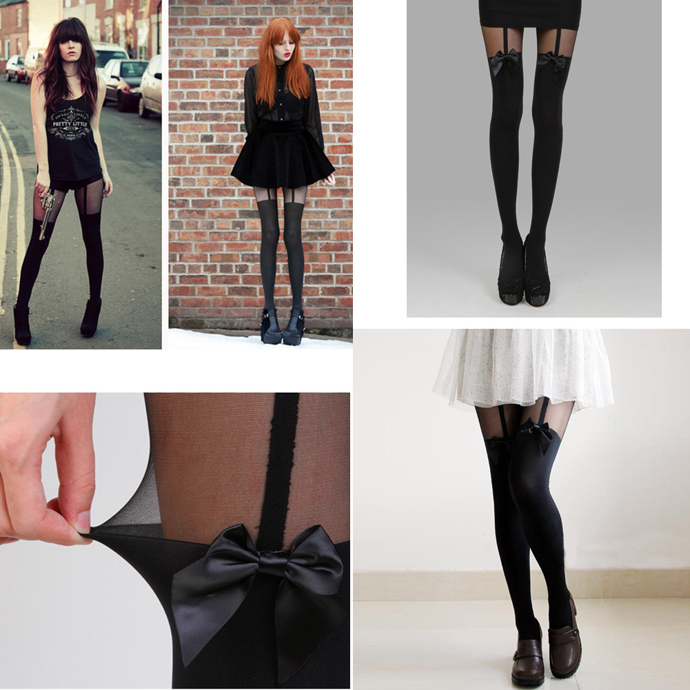 New Womens Black Sexy Pattern Bowknot Mock Suspender Tights Leggings