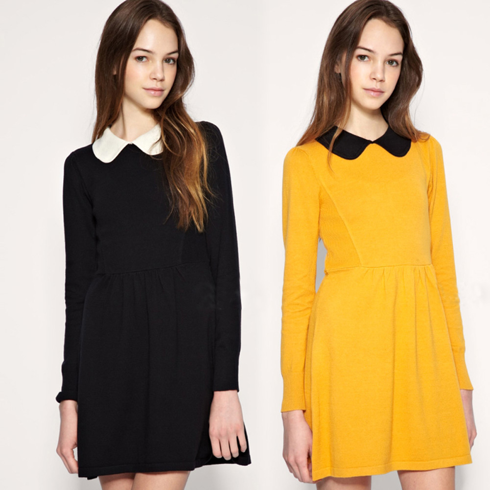 Slim Fit Womens Long Sleeves Pleated Peter Pan Contrast Collar Baby Doll Dress