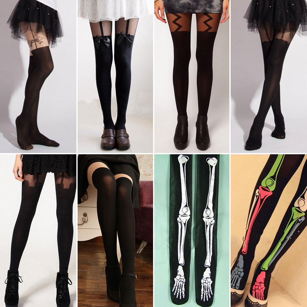 New Womens Sexy Punk Tattoo Temptation Bowknot Mock Suspender Tights