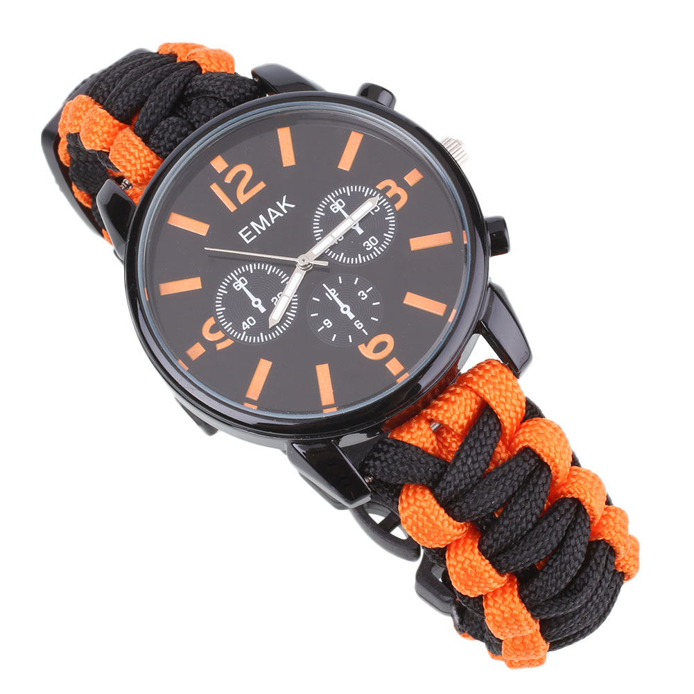 Survival 7 in 1 Paracord Watch Flint Thermometer Fire Starter For