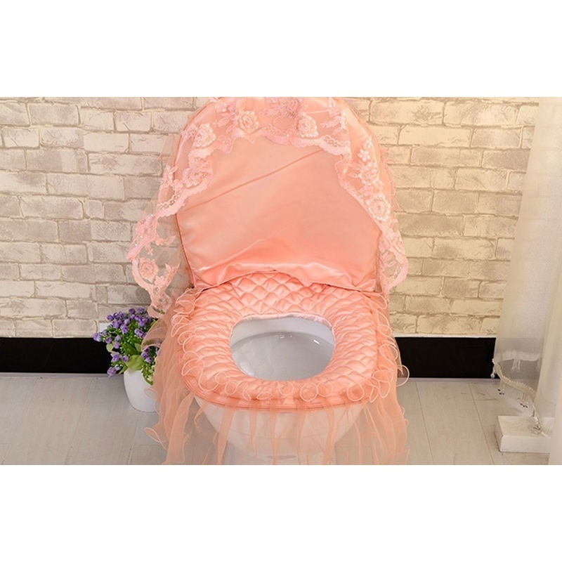 Elegant 3pcs Lace Designed Cloth Toilet Cover Home Bedroom Pad Tank Lid