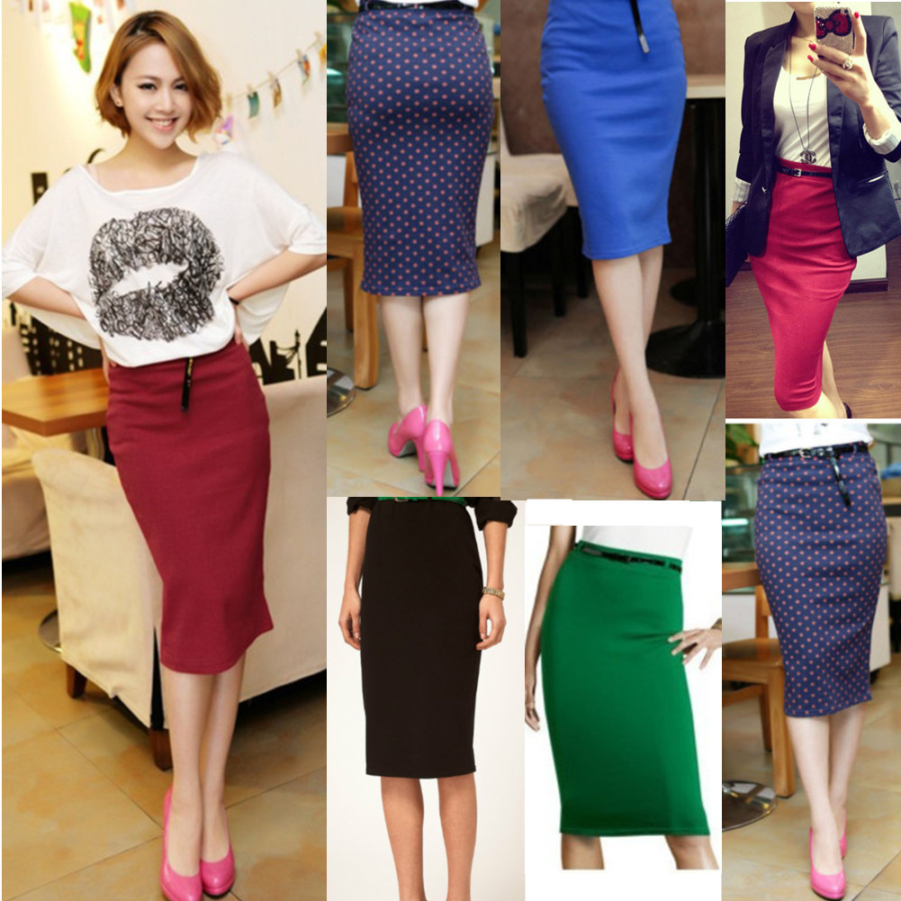 Lady Dress Office High Waisted Belted Pencil Skirt Stretch Bodycon Knee ...