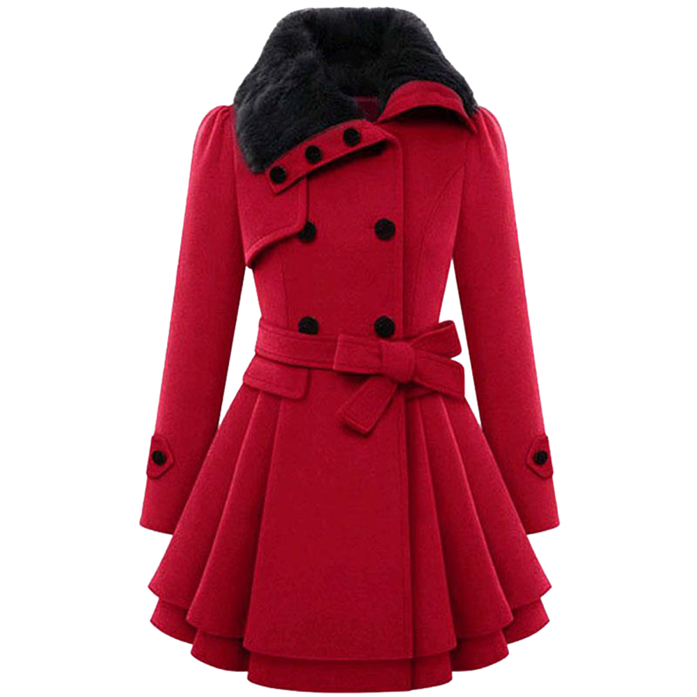 Women Fur Collar Faux Wool Fleece Lapel Double Breasted Long Casual ...