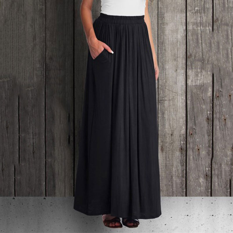 Women Fashion Pleated Pocket High Waist Elastic Ankle Long Dress Skirts ...