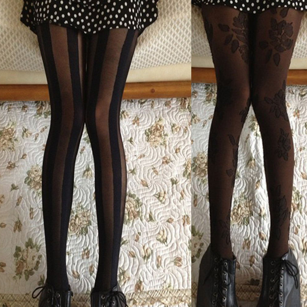Hot Thick Tatoo Women Stockings Black Flowers Printed Tights Pantyhose ...